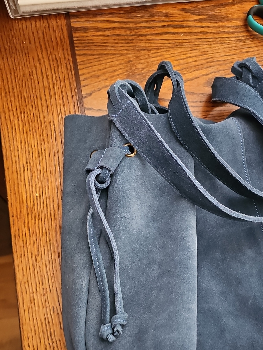 Suede Shoulder Tote Bag in Navy - Picture 5 of 5